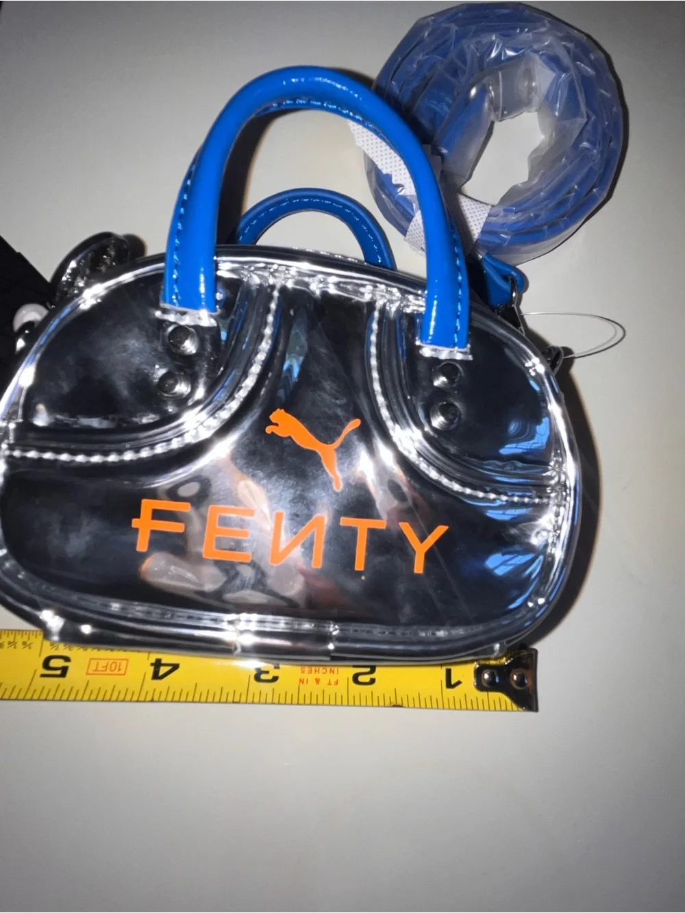 PUMA FENTY Metallic Silver Mini Bag with Blue Strap